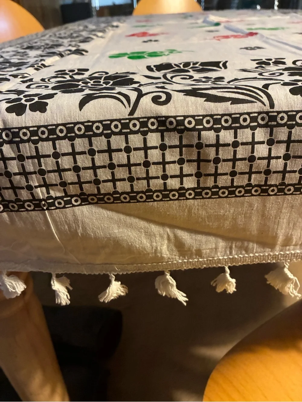 Floral Tassel Tablecloth White/ Red/Green/Black Accents Tablecloth Fits 65”X38”